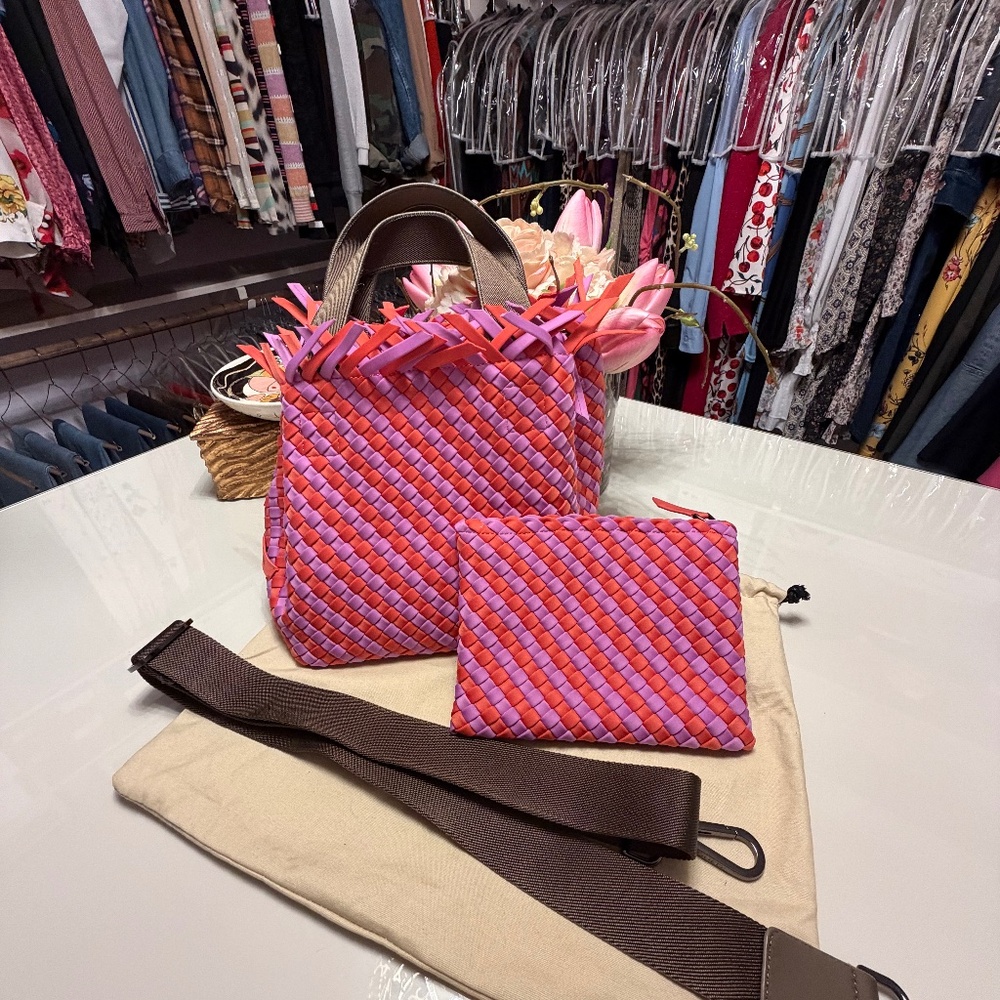 Naghedi Woven Neoprene Mini Tote Pink & Coral | Crossbody Strap + Pouch + Dust B